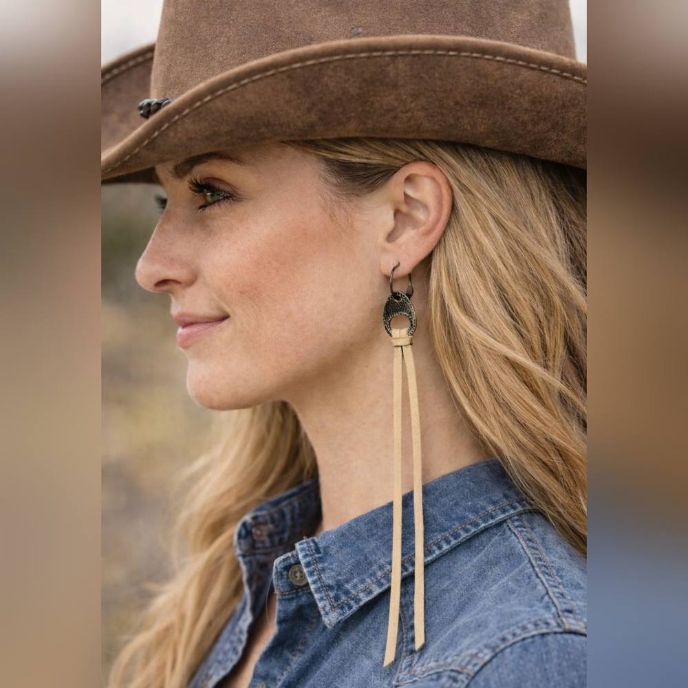 Keep It Gypsy Leather Tassels Dangle Earrings Sand Antiqued Hoops